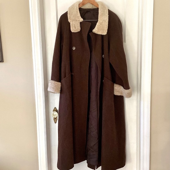 Vtg STEVE by Searle Brown Wool Trapeze Long Coat Faux Fur Collar & Cuffs Size 8 - Picture 2 of 15